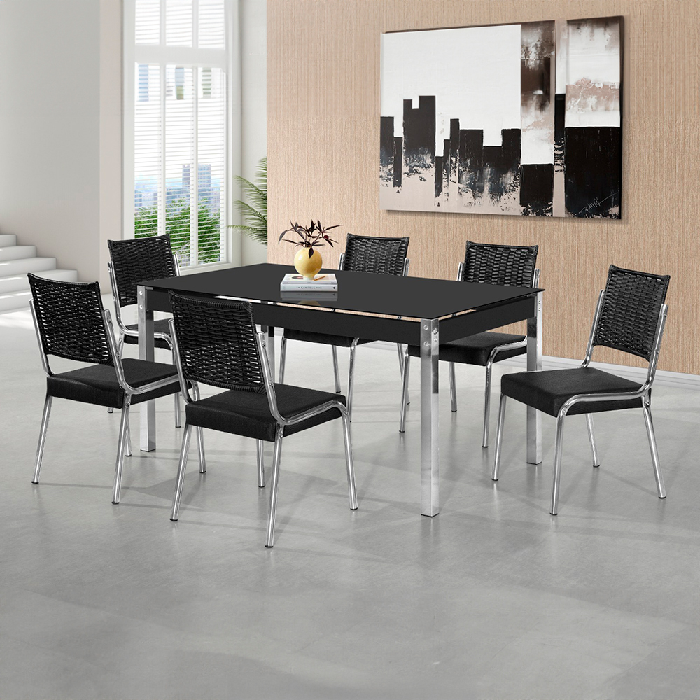 Conjunto de Mesa 6 Cadeiras Tampo de Vidro CR RT A
