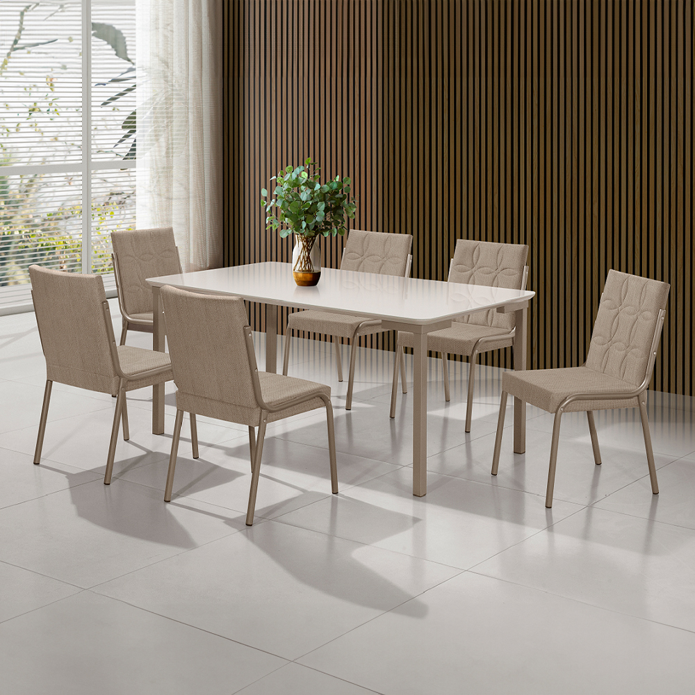 Conjunto de Mesa 6 Cadeiras Tampo MDF e Vidro Colado A