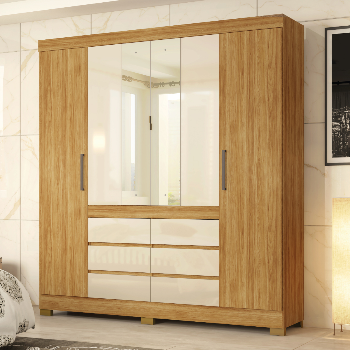 Guarda-Roupa Casal 4 Portas Correr 6 Gavetas Demobile C