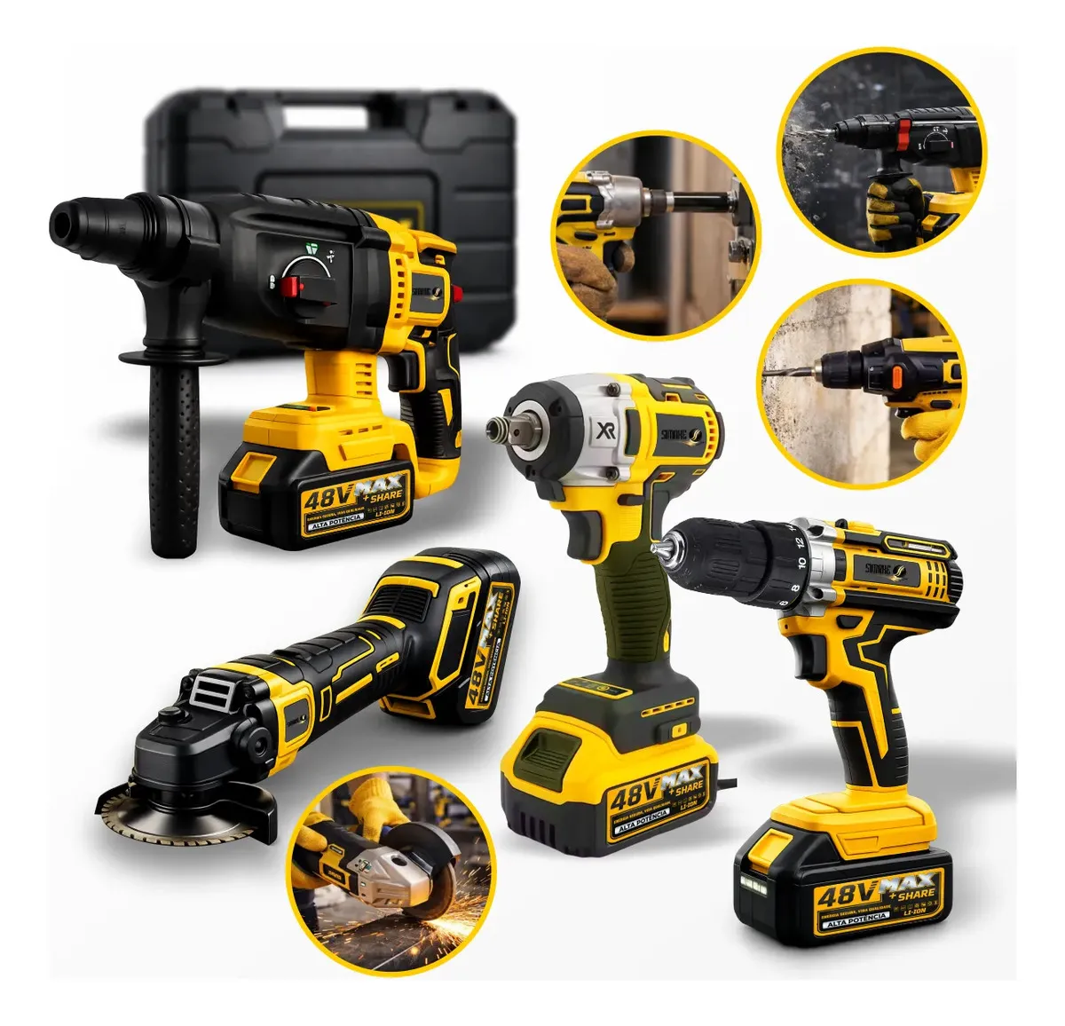 Kit Multi Ferramentas 4 Em 1 48v Sem Fio Com 2 Baterias Furadeira Parafusadeira Martelete Esmerilhadeira Chave De Impacto Com Maleta Alta Pot?ncia Uso Profissional E Dom